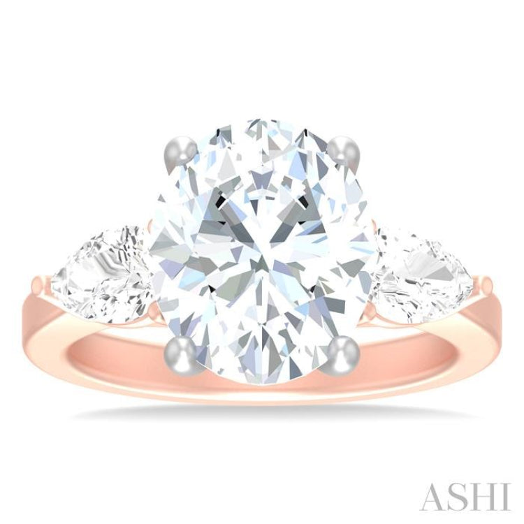 1 ctw Tri-Mount Oval Shape Center Pear and Round Cut Diamond Semi Mount Engagement Ring in 14K Rose and White Gold