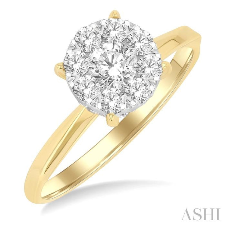 5/8 ctw Circular Shape Lovebright Round Cut Diamond Engagement Ring in 14K Yellow and White Gold