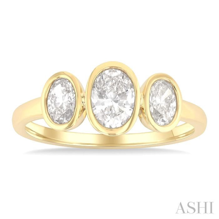 1.00 ctw 3-Stone Bezel Set Oval Cut Diamond Ring in 14K Yellow Gold