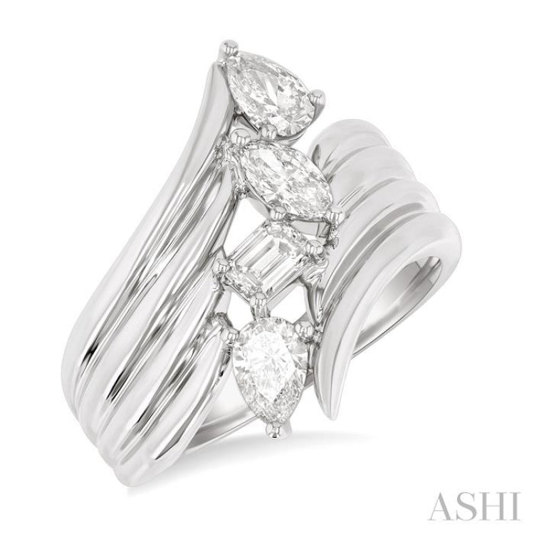 1.00 ctw Open Bypass Ribbed Shank Mixed Diamond Cut Fashion Ring in 14K White Gold