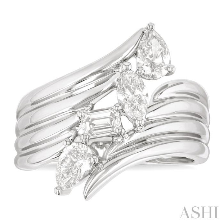 1.00 ctw Open Bypass Ribbed Shank Mixed Diamond Cut Fashion Ring in 14K White Gold