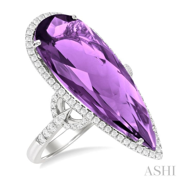 26X10 MM Pear Cut Amethyst and 1/2 ctw Round Cut Diamond Halo Semi Precious Ring in 14K White Gold