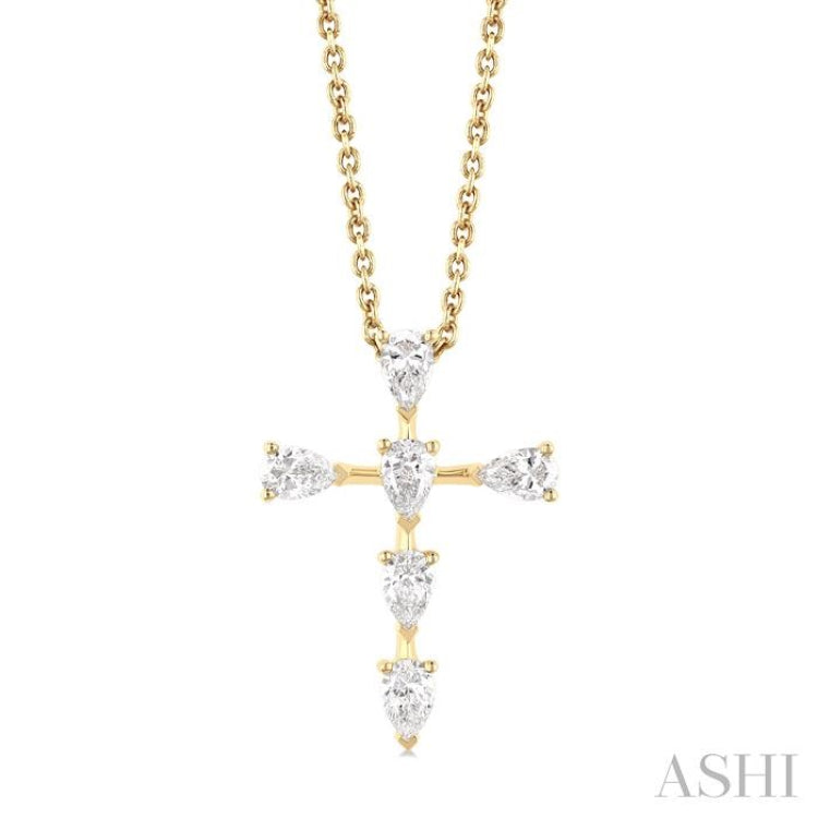 1/2 ctw Cross 6-Stone Pear Cut Diamond Fashion Pendant With Chain in 14K Yellow Gold