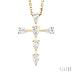 1/2 ctw Cross 6-Stone Pear Cut Diamond Fashion Pendant With Chain in 14K Yellow Gold