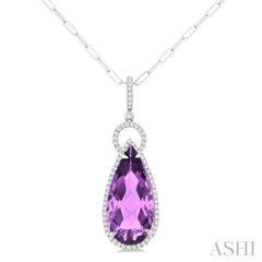 22X10 MM Pear Cut Amethyst and 1/3 ctw Round Cut Diamond Halo Semi Precious Pendant With Chain in 14K White Gold