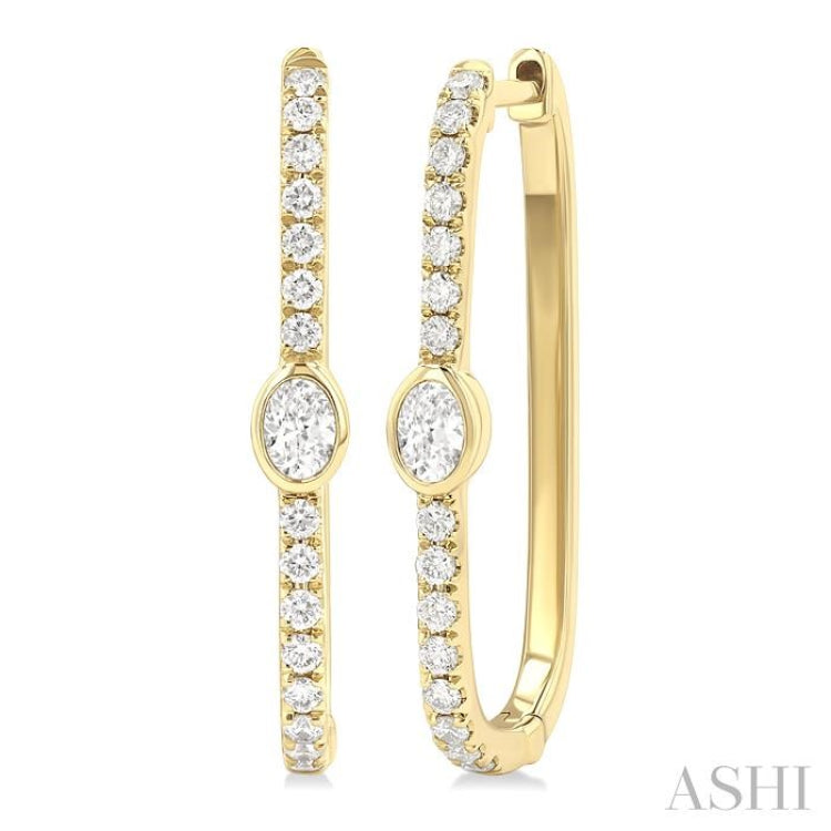 3/8 ctw Oval and Round Cut Diamond Rectangular Fashion Hoop Earrings in 14K Yellow Gold