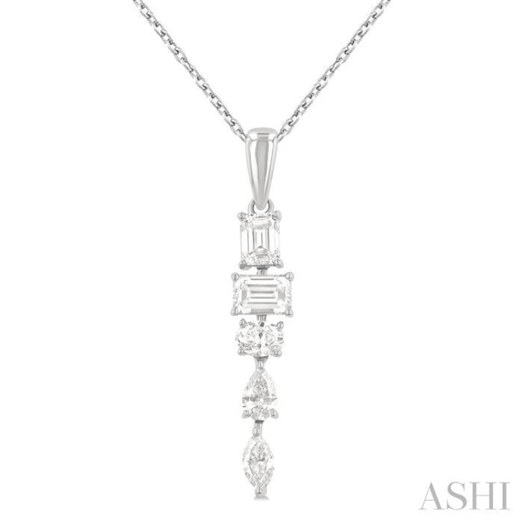 7/8 ctw Mixed Diamond Cut Dangle Fashion Pendant With Chain in 14K White Gold