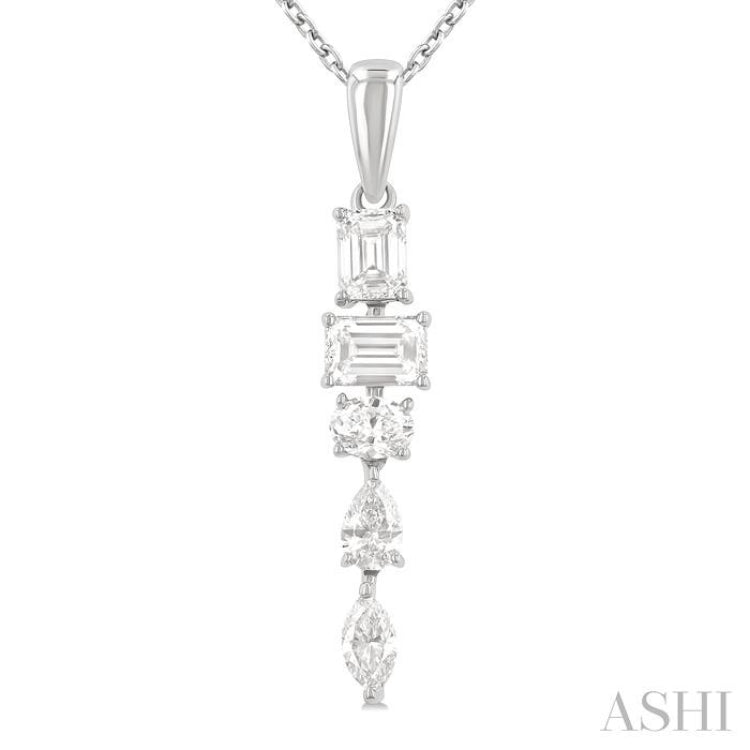 7/8 ctw Mixed Diamond Cut Dangle Fashion Pendant With Chain in 14K White Gold