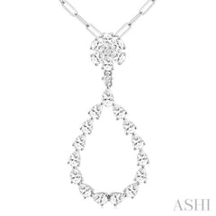1 7/8 ctw Floral Open Window Pear and Round Cut Diamond Dangle Fashion Pendant With Chain in 14K White Gold