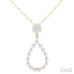 1 7/8 ctw Floral Open Window Pear and Round Cut Diamond Dangle Fashion Pendant With Chain in 14K Yellow Gold