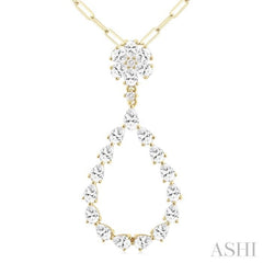 1 7/8 ctw Floral Open Window Pear and Round Cut Diamond Dangle Fashion Pendant With Chain in 14K Yellow Gold