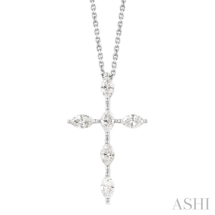 3/4 ctw Cross 6-Stone Marquise Cut Diamond Fashion Pendant With Chain in 14K White Gold