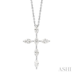 3/4 ctw Cross 6-Stone Marquise Cut Diamond Fashion Pendant With Chain in 14K White Gold
