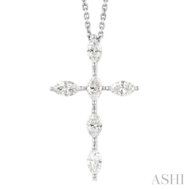 3/4 ctw Cross 6-Stone Marquise Cut Diamond Fashion Pendant With Chain in 14K White Gold