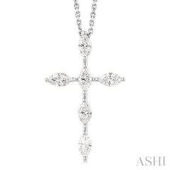 3/4 ctw Cross 6-Stone Marquise Cut Diamond Fashion Pendant With Chain in 14K White Gold