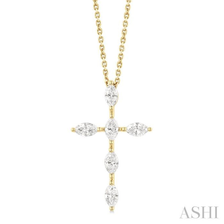 3/4 ctw Cross 6-Stone Marquise Cut Diamond Fashion Pendant With Chain in 14K Yellow Gold