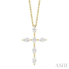 3/4 ctw Cross 6-Stone Marquise Cut Diamond Fashion Pendant With Chain in 14K Yellow Gold