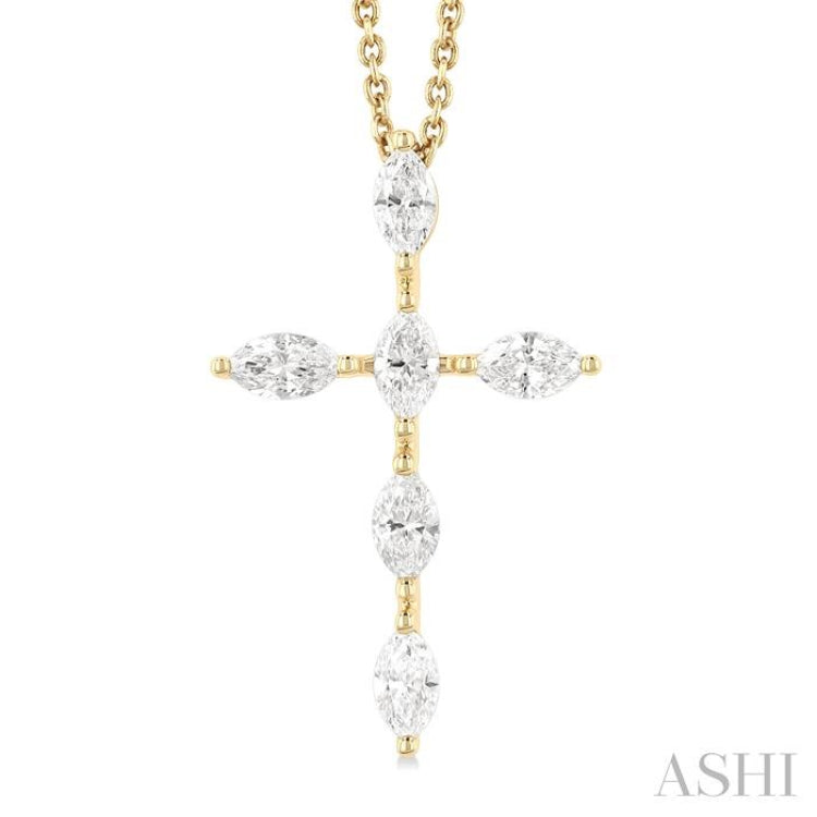 3/4 ctw Cross 6-Stone Marquise Cut Diamond Fashion Pendant With Chain in 14K Yellow Gold