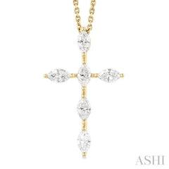 3/4 ctw Cross 6-Stone Marquise Cut Diamond Fashion Pendant With Chain in 14K Yellow Gold