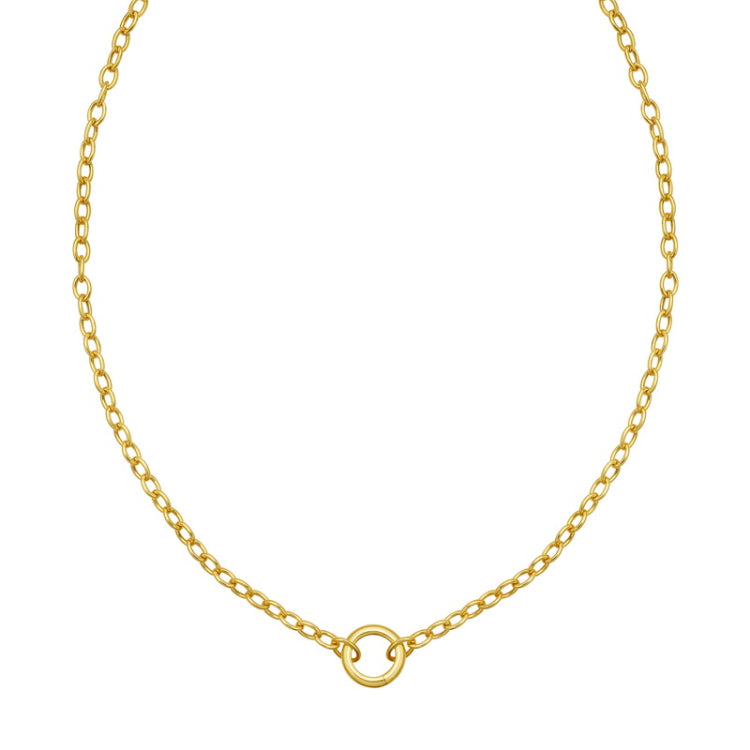 14K Yellow Gold Polished Circle Push Lock Charm Necklace in 18". Round Clasp pushes inward to allow charms to be added.