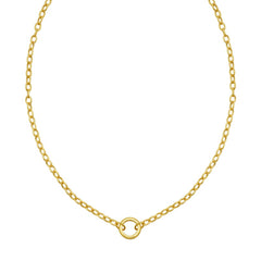 14K Yellow Gold Polished Circle Push Lock Charm Necklace in 18". Round Clasp pushes inward to allow charms to be added.