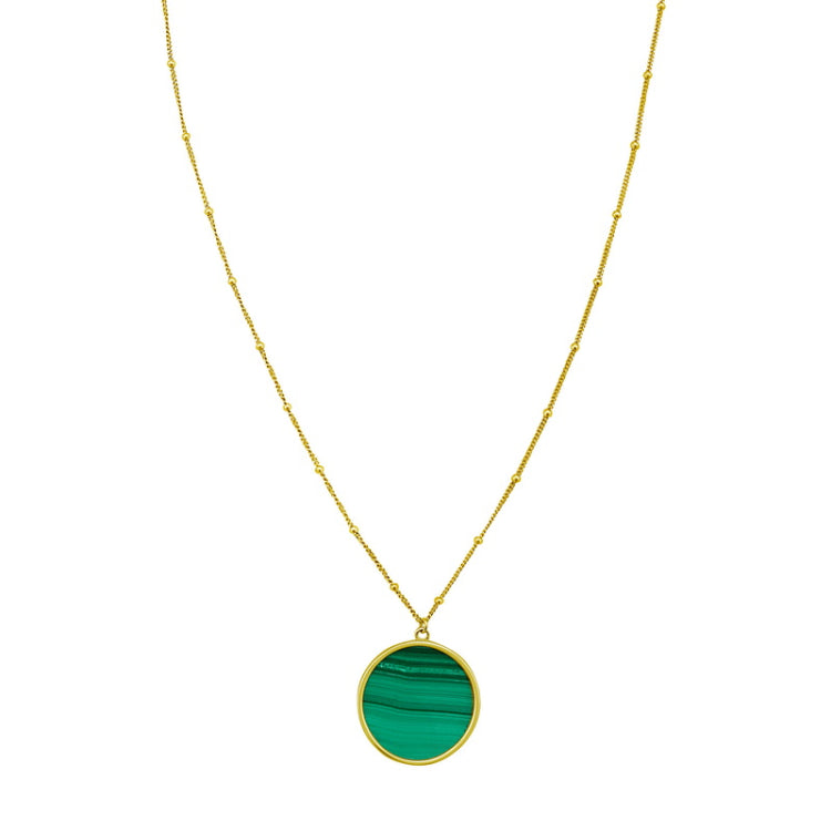 14K Yellow Gold 18" Malachite Inlay Circle Polished Necklace with Spring Ring Clasp, and Jump Ring at 16