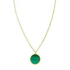 14K Yellow Gold 18" Malachite Inlay Circle Polished Necklace with Spring Ring Clasp, and Jump Ring at 16