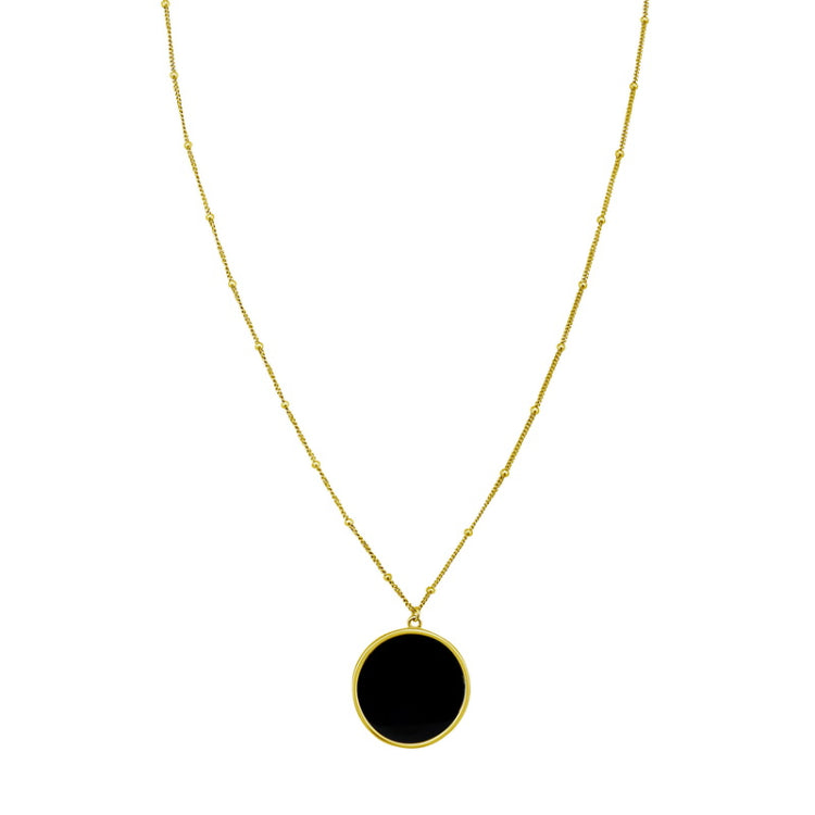 14K Yellow Gold 18" Onyx Inlay Circle Polished Necklace with Spring Ring Clasp, and Jump Ring at 16