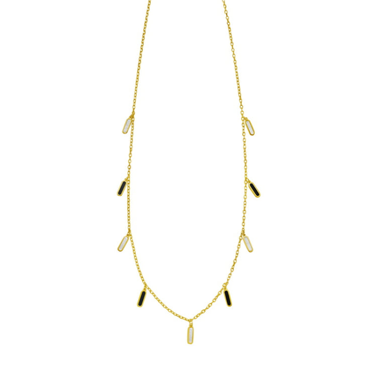 14K Yellow Gold Polished 18" Inlay Retangular Black Onyx & Mother of Pearl Dancing Station Necklace with Lobster Clasp.