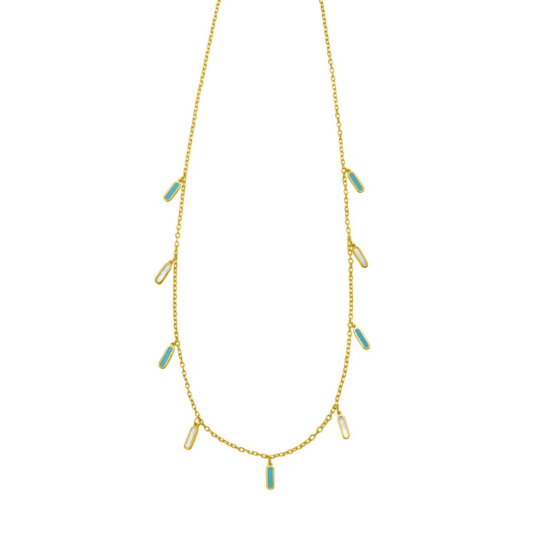 14K Yellow Gold Polished 18" Inlay Rectangular Turquoise & Mother of Pearl Dancing Station Necklace with Lobster Clasp.