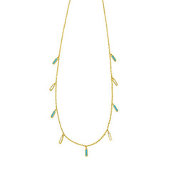 14K Yellow Gold Polished 18" Inlay Rectangular Turquoise & Mother of Pearl Dancing Station Necklace with Lobster Clasp.