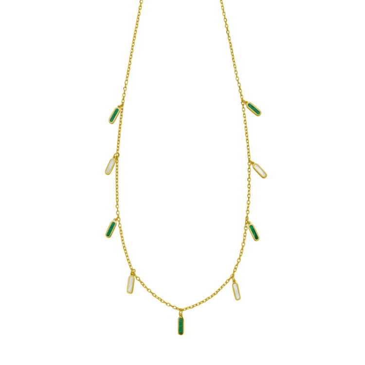14K Yellow Gold Polished 18" Inlay Rectangular Malachite & Mother of Pearl Dancing Station Necklace with Lobster Clasp.