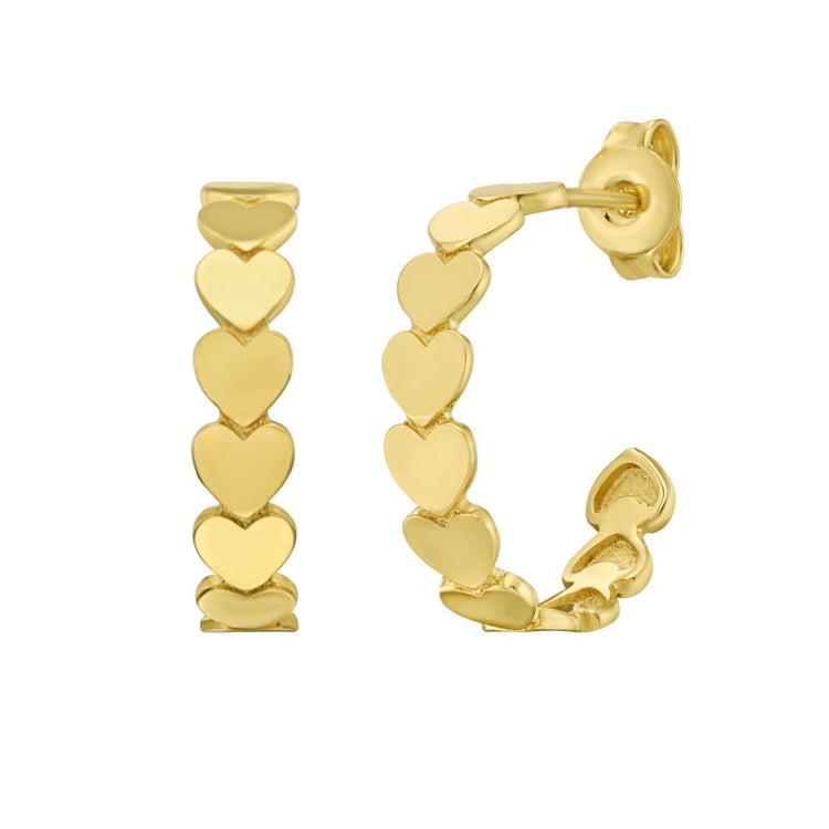 14K Yellow Gold Polished Row of Hearts C-Hoops with Push Back Clasp
