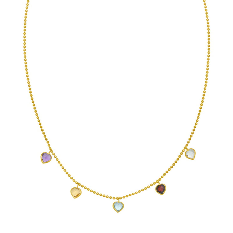 14K Yellow Gold Beaded Dancing Hearts Necklace Chain with Amethyst, Citrine, Blue Topaz, Garnet, White Topaz, Lobster Clasp.