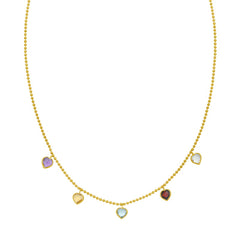 14K Yellow Gold Beaded Dancing Hearts Necklace Chain with Amethyst, Citrine, Blue Topaz, Garnet, White Topaz, Lobster Clasp.