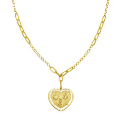14K Yellow Gold Polished & Textured Lucky Forever Symbols Heart Necklace on Link Chain with Spring Ring Clasp