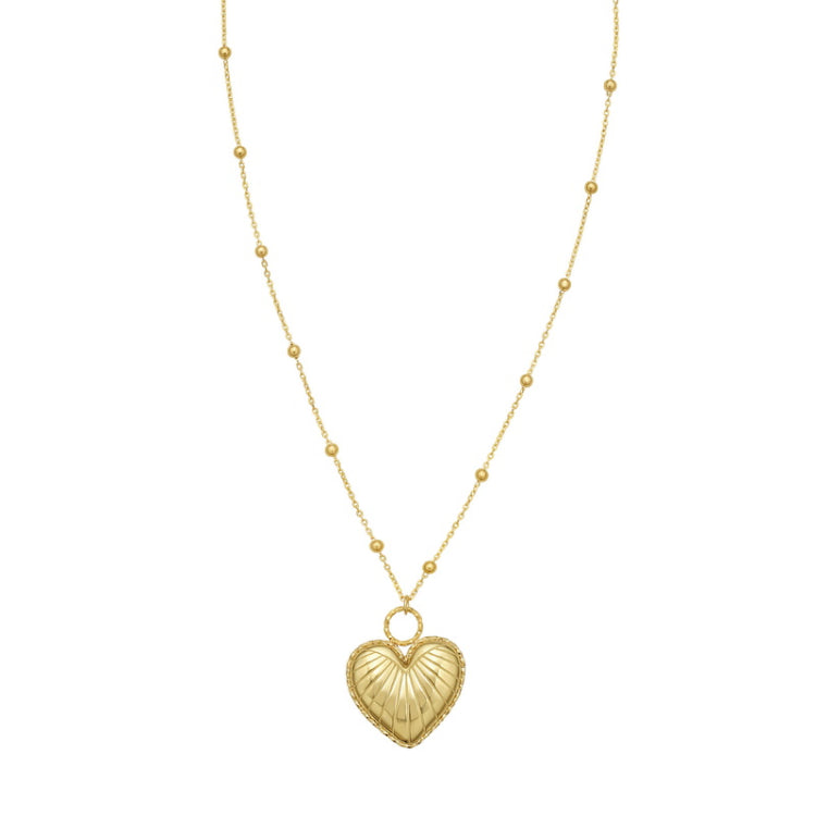 14K Yellow Gold Polished & Diamond Cut Vintage Puffed Heart Necklace on Bead Station Chain with Lobster Clasp, Ring at 16