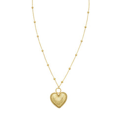 14K Yellow Gold Polished & Diamond Cut Vintage Puffed Heart Necklace on Bead Station Chain with Lobster Clasp, Ring at 16