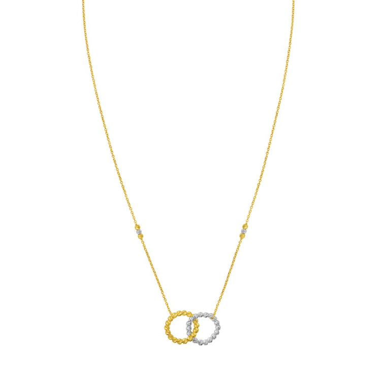 14K Yellow and White Gold Disco Diamond Cut Bead Interlocking Circle 18" Necklace with Lobster Clasp