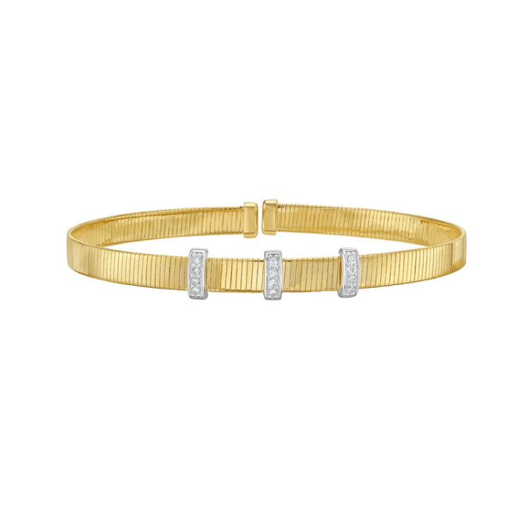 14K Yellow Gold Polished .11ct Diamond Station Bar Omega Cuff Bracelet