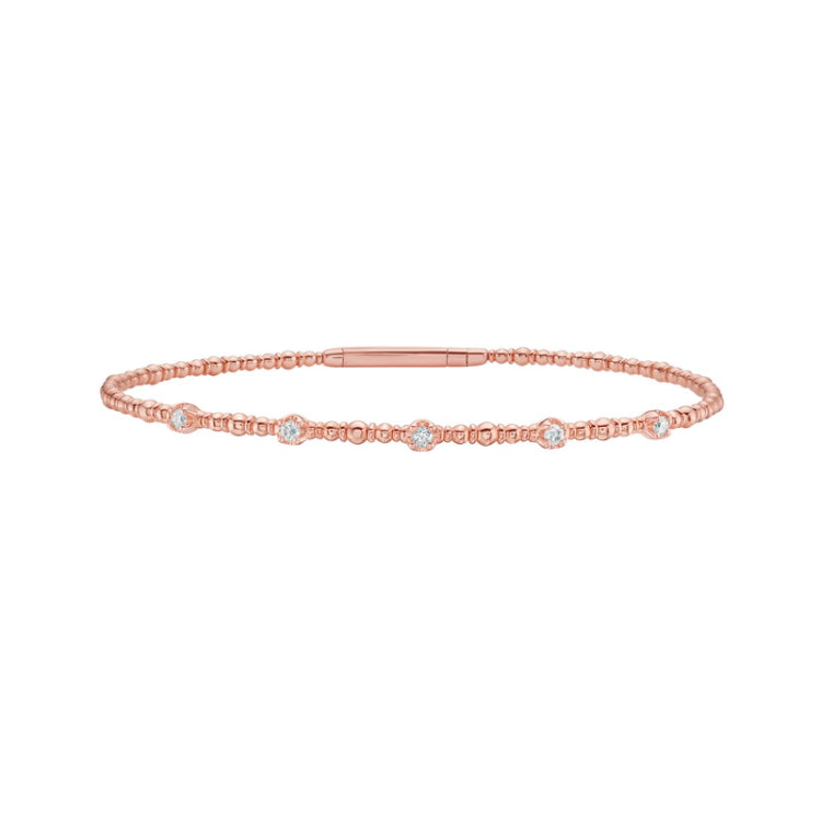 14K Rose Gold 7" .15ct Diamond Delight Beaded Polished Bracelet with Box Snap Clasp