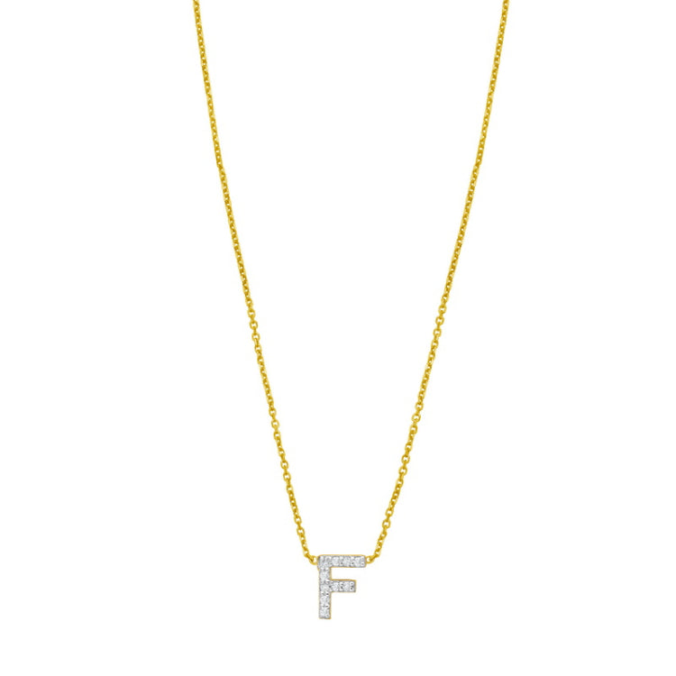 14K Yellow Gold 18" Polished Mini Diamond F Initial Necklace with Spring Ring Clasp, Includes Jump Ring at 16