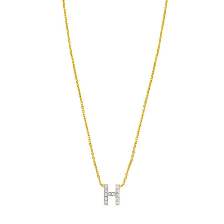 14K Yellow Gold 18" Polished Mini Diamond H Initial Necklace with Spring Ring Clasp, Includes Jump Ring at 16