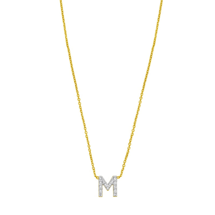 14K Yellow Gold 18" Polished Mini Diamond M Initial Necklace with Spring Ring Clasp, Includes Jump Ring at 16