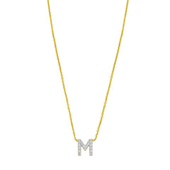 14K Yellow Gold 18" Polished Mini Diamond M Initial Necklace with Spring Ring Clasp, Includes Jump Ring at 16