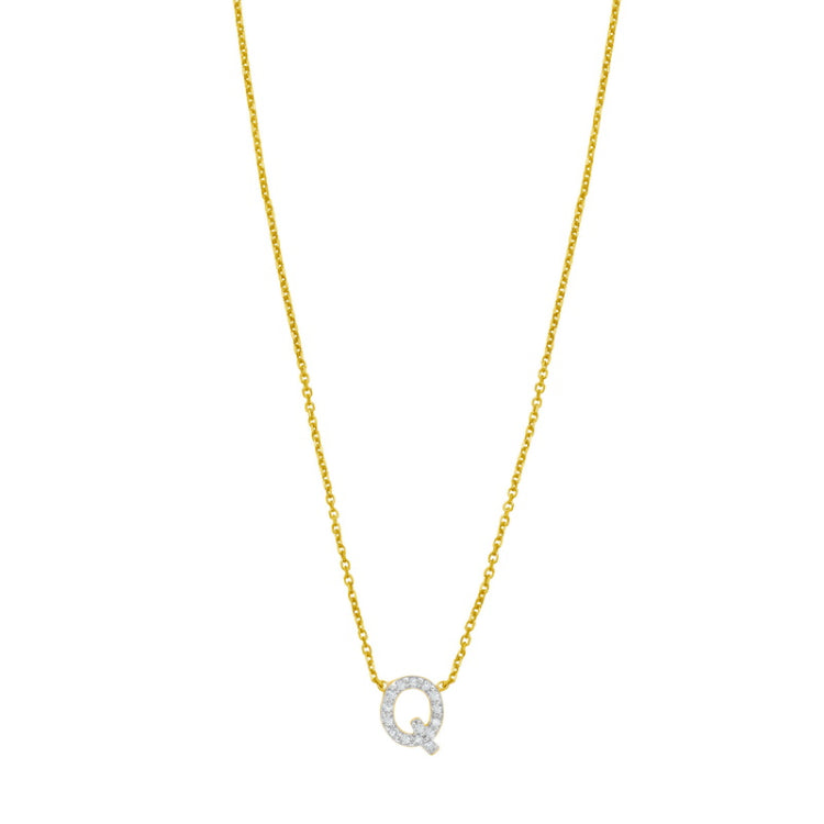 14K Yellow Gold 18" Polished Mini Diamond Q Initial Necklace with Spring Ring Clasp, Includes Jump Ring at 16