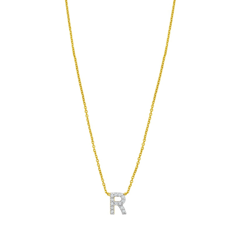 14K Yellow Gold 18" Polished Mini Diamond R Initial Necklace with Spring Ring Clasp, Includes Jump Ring at 16