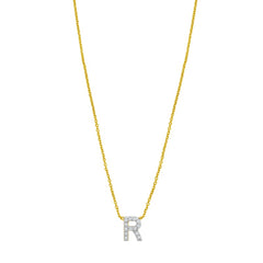 14K Yellow Gold 18" Polished Mini Diamond R Initial Necklace with Spring Ring Clasp, Includes Jump Ring at 16