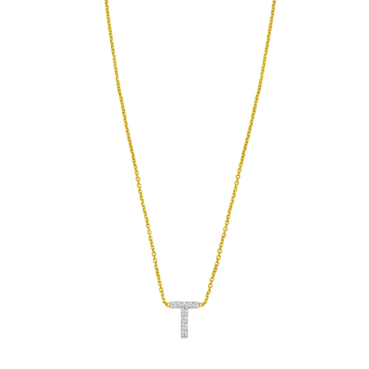14K Yellow Gold 18" Polished Mini Diamond T Initial Necklace with Spring Ring Clasp, Includes Jump Ring at 16