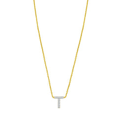 14K Yellow Gold 18" Polished Mini Diamond T Initial Necklace with Spring Ring Clasp, Includes Jump Ring at 16
